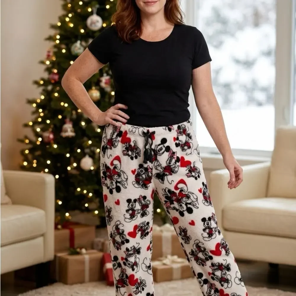Disney Black,White with Red heart Pajama Bottoms with Mickey and Minnie Mouse. - Picture 2 of 9